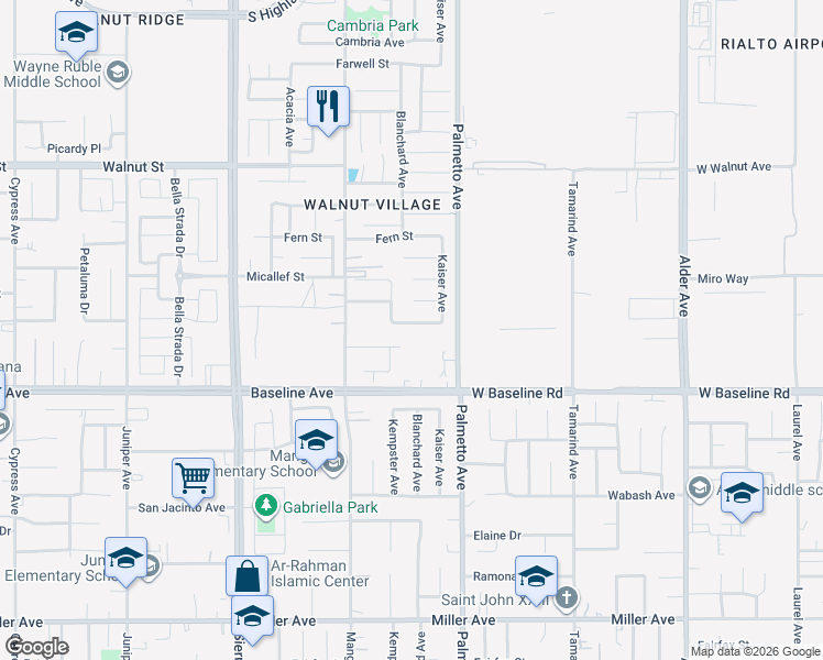 map of restaurants, bars, coffee shops, grocery stores, and more near 17235 Whatley Avenue in Fontana