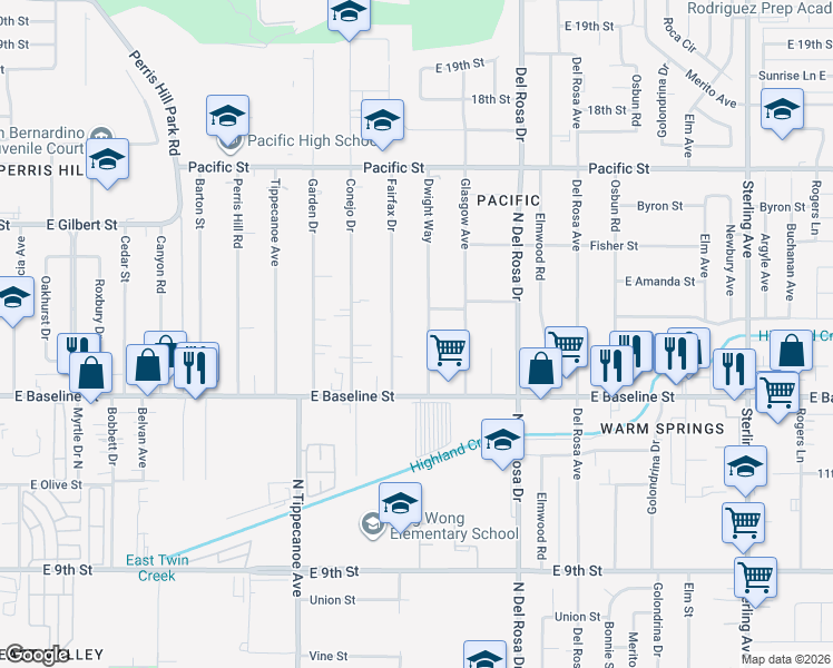 map of restaurants, bars, coffee shops, grocery stores, and more near 7188 Dwight Way in San Bernardino