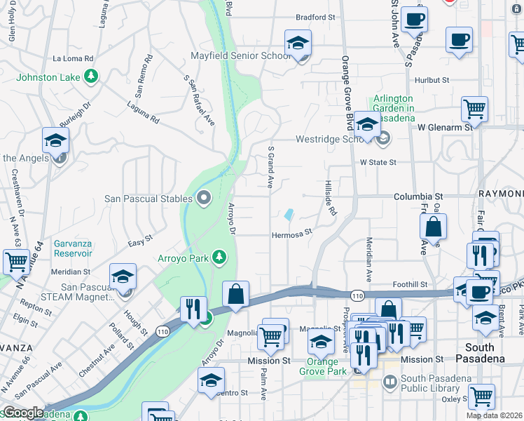 map of restaurants, bars, coffee shops, grocery stores, and more near 225 Grand Avenue in South Pasadena
