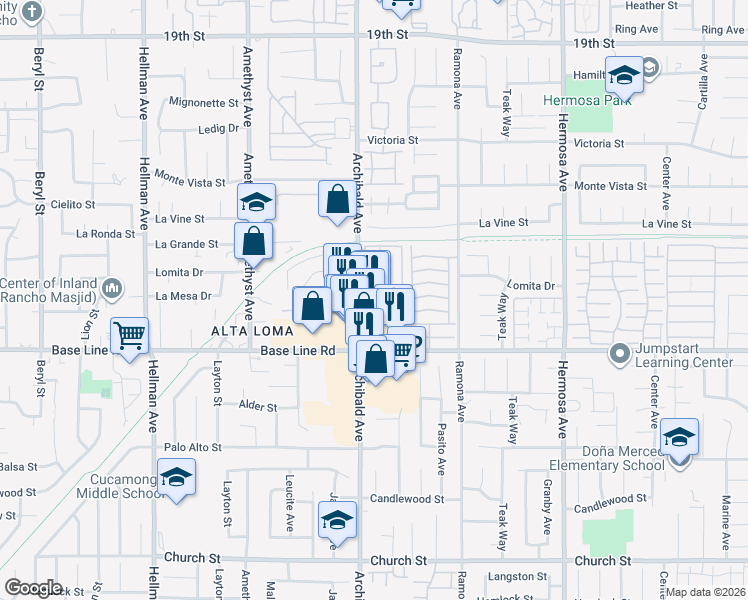 map of restaurants, bars, coffee shops, grocery stores, and more near 7149 Archibald Avenue in Rancho Cucamonga