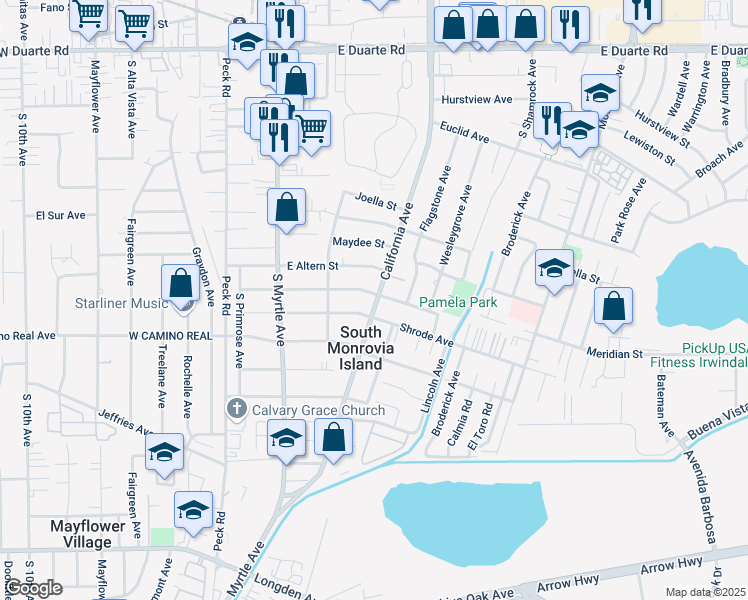 map of restaurants, bars, coffee shops, grocery stores, and more near 358 Pamela Road in Monrovia