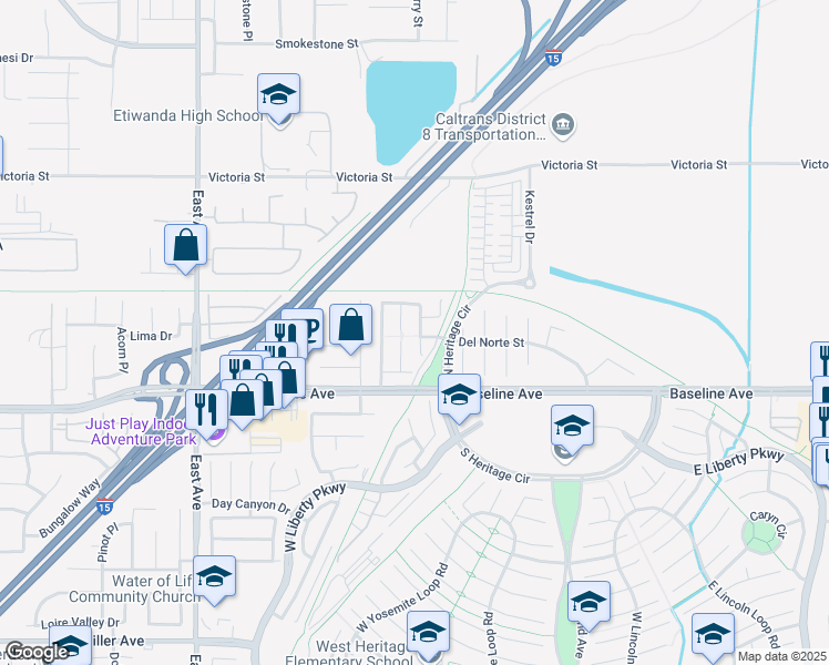 map of restaurants, bars, coffee shops, grocery stores, and more near 7194 Trinity Street in Fontana