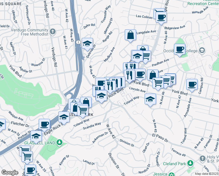 map of restaurants, bars, coffee shops, grocery stores, and more near 3821 West Avenue 43 in Los Angeles