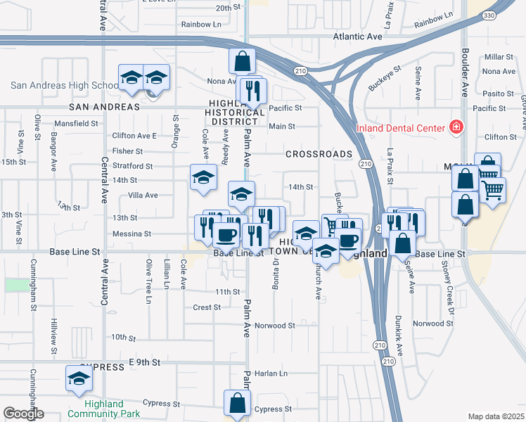 map of restaurants, bars, coffee shops, grocery stores, and more near 27342 Villa Avenue in Highland