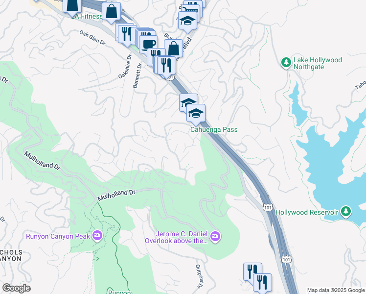 map of restaurants, bars, coffee shops, grocery stores, and more near 6901 Cahuenga Park Trail in Los Angeles