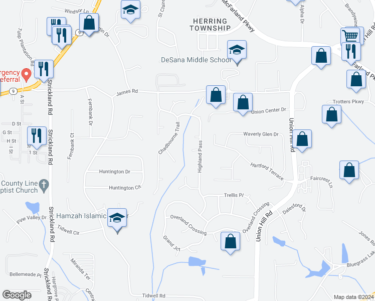 map of restaurants, bars, coffee shops, grocery stores, and more near 2840 Rockvale Court in Alpharetta