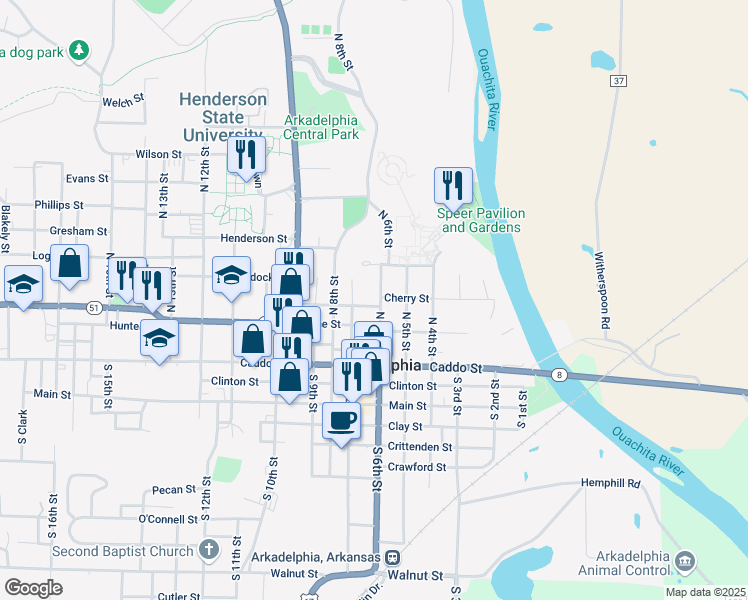 map of restaurants, bars, coffee shops, grocery stores, and more near 307 North 6th Street in Arkadelphia