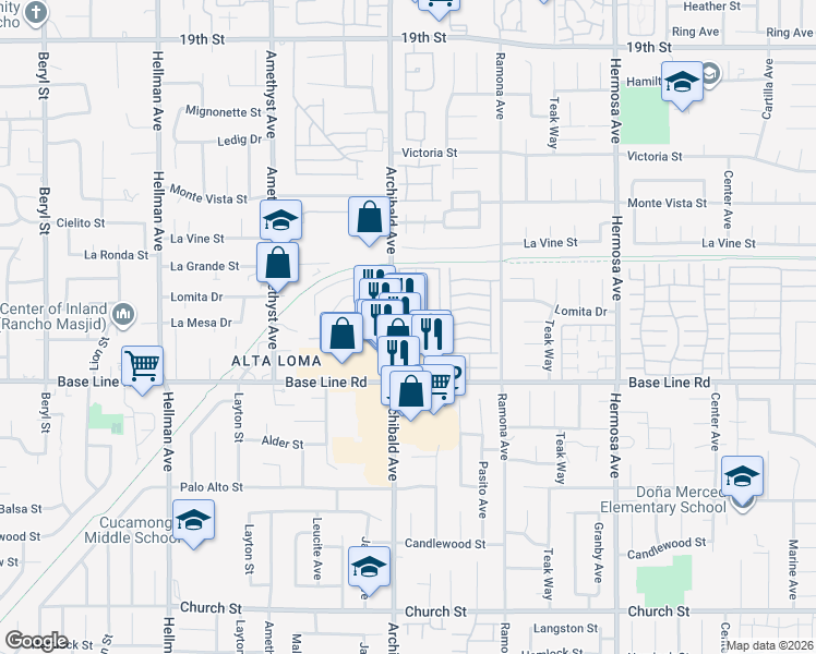 map of restaurants, bars, coffee shops, grocery stores, and more near 7201 Archibald Avenue in Rancho Cucamonga