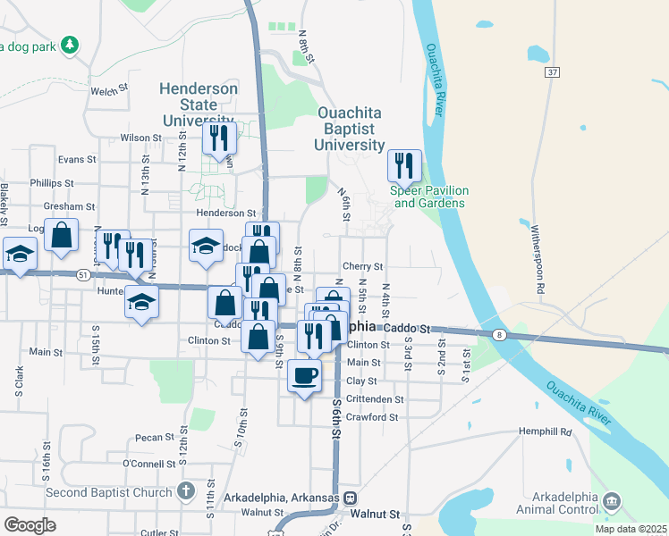 map of restaurants, bars, coffee shops, grocery stores, and more near 307 North 6th Street in Arkadelphia