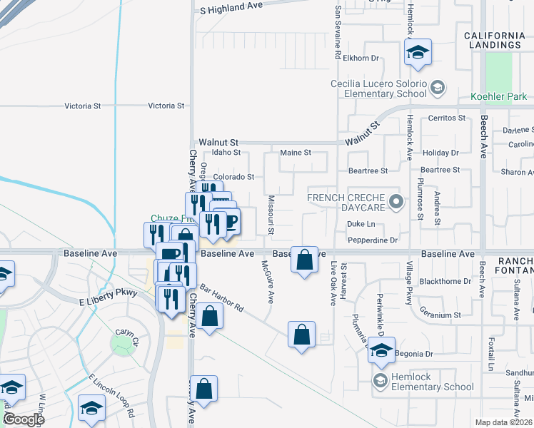 map of restaurants, bars, coffee shops, grocery stores, and more near 7196 Missouri Street in Fontana