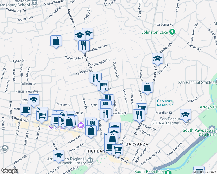 map of restaurants, bars, coffee shops, grocery stores, and more near 6187 Roy Street in Los Angeles