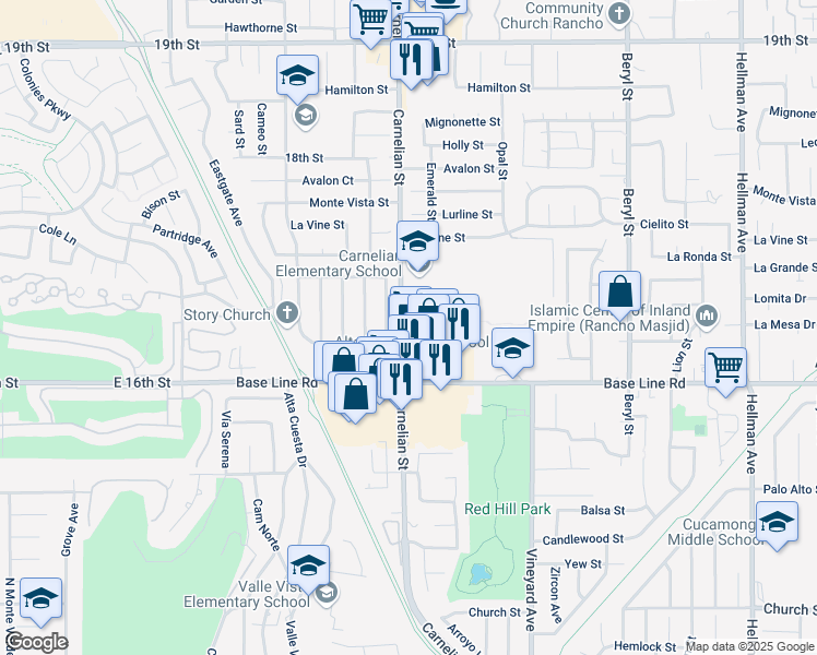 map of restaurants, bars, coffee shops, grocery stores, and more near 7187 Sonoma Avenue in Rancho Cucamonga