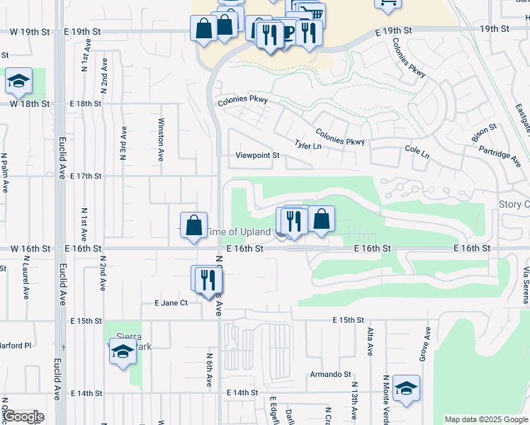map of restaurants, bars, coffee shops, grocery stores, and more near 942 Pebble Beach Drive in Upland
