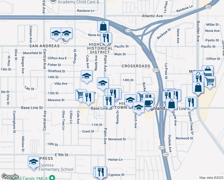 map of restaurants, bars, coffee shops, grocery stores, and more near 27342 Villa Avenue in Highland