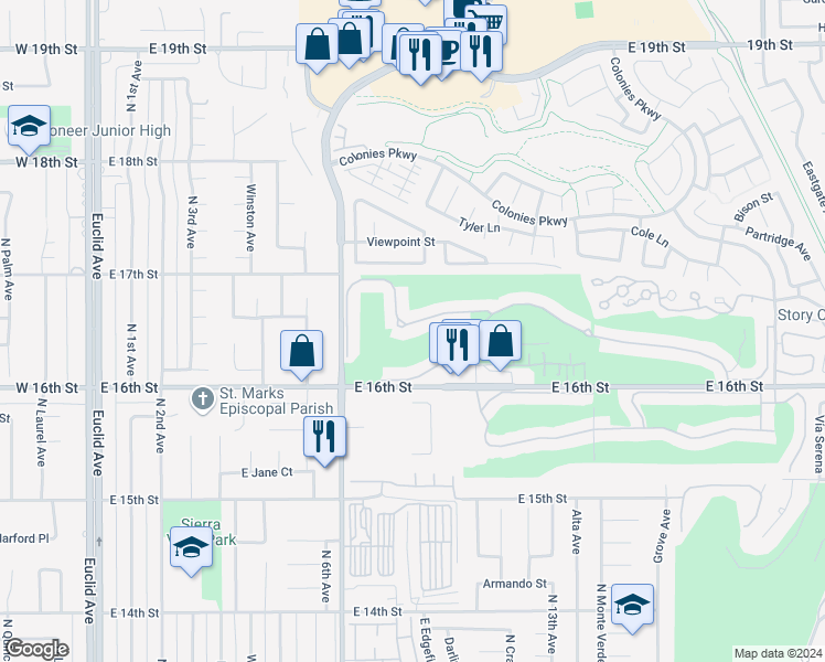map of restaurants, bars, coffee shops, grocery stores, and more near 942 Pebble Beach Drive in Upland