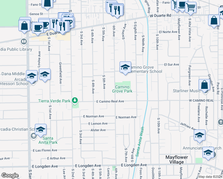 map of restaurants, bars, coffee shops, grocery stores, and more near 1431 6th Avenue in Arcadia