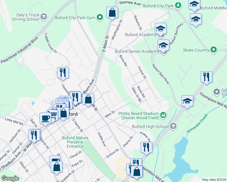 map of restaurants, bars, coffee shops, grocery stores, and more near 455 Tannery Street in Buford