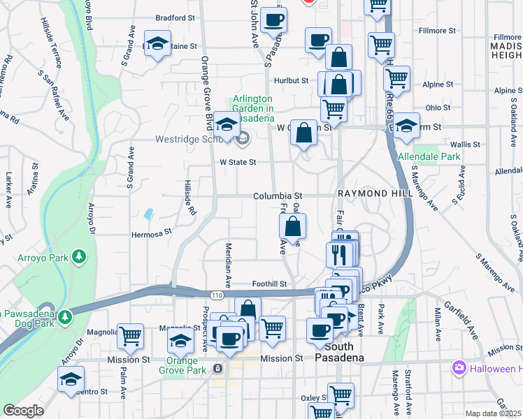 map of restaurants, bars, coffee shops, grocery stores, and more near 216 Fairview Avenue in South Pasadena