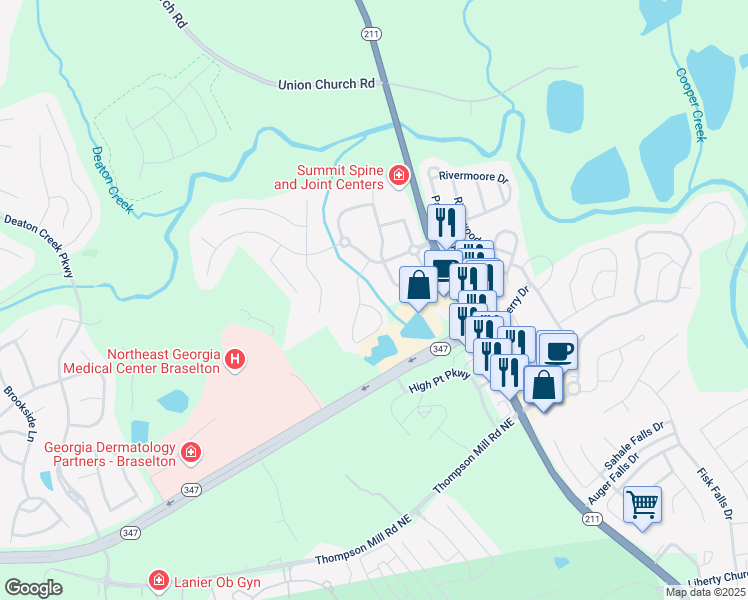 map of restaurants, bars, coffee shops, grocery stores, and more near 6144 Summerall Circle in Braselton