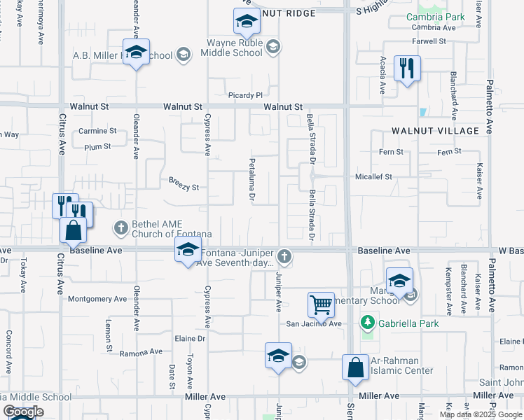 map of restaurants, bars, coffee shops, grocery stores, and more near 16671 San Simeon Way in Fontana