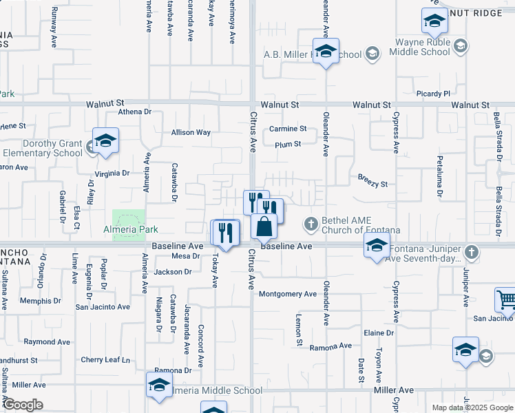 map of restaurants, bars, coffee shops, grocery stores, and more near 7199 Citrus Avenue in Fontana