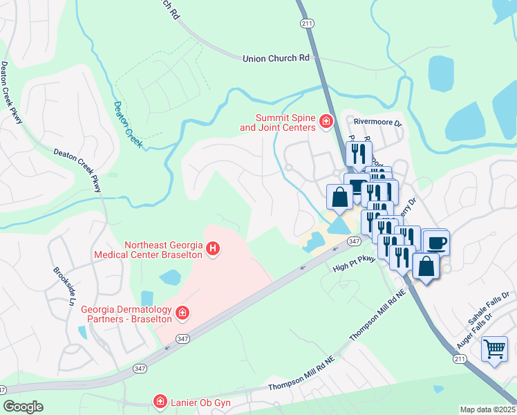 map of restaurants, bars, coffee shops, grocery stores, and more near 6248 Harris Court in Braselton