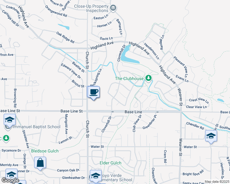 map of restaurants, bars, coffee shops, grocery stores, and more near 7184 Cloverhill Drive in Highland