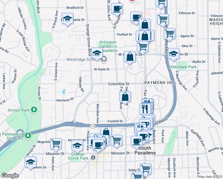 map of restaurants, bars, coffee shops, grocery stores, and more near 216 Fairview Avenue in South Pasadena