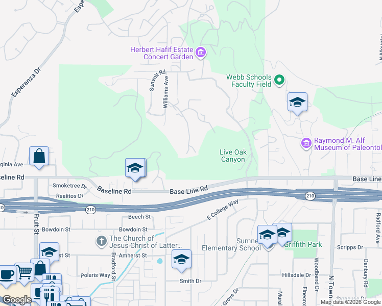 map of restaurants, bars, coffee shops, grocery stores, and more near 4470 Briney Point Road in La Verne