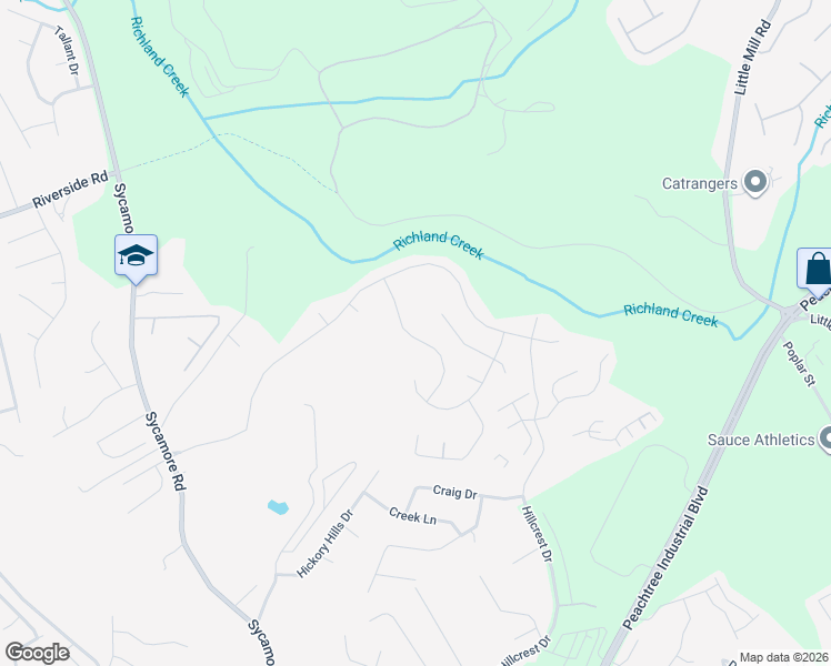 map of restaurants, bars, coffee shops, grocery stores, and more near 5297 Blossom Brook Drive in Sugar Hill