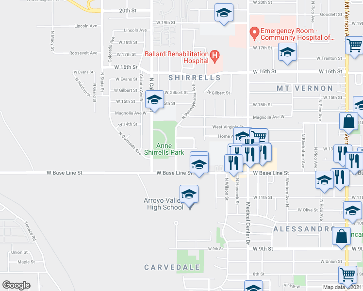 map of restaurants, bars, coffee shops, grocery stores, and more near 1880 West 13th Street in San Bernardino