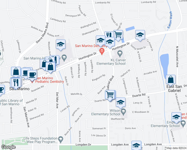 map of restaurants, bars, coffee shops, grocery stores, and more near 1436 Vandyke Road in San Marino