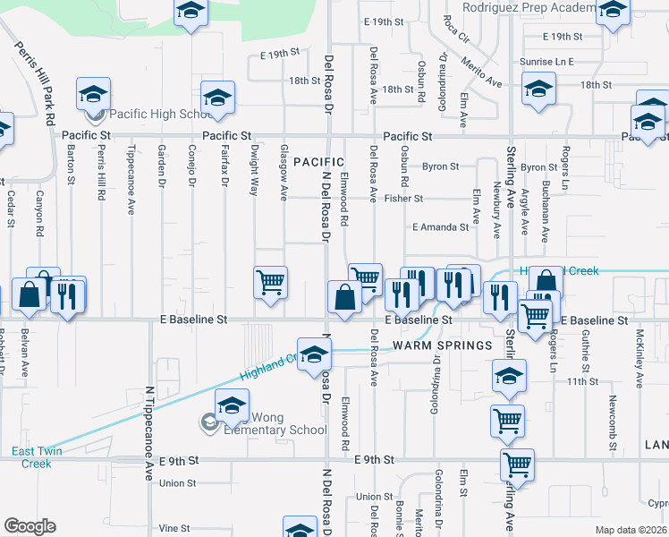 map of restaurants, bars, coffee shops, grocery stores, and more near 7183 North Del Rosa Drive in San Bernardino