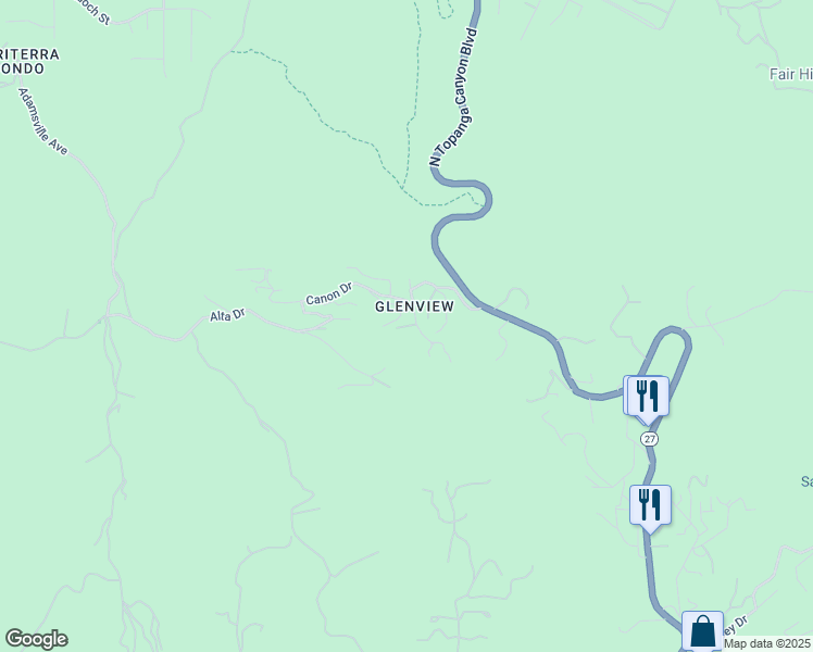 map of restaurants, bars, coffee shops, grocery stores, and more near Comida Way in Topanga
