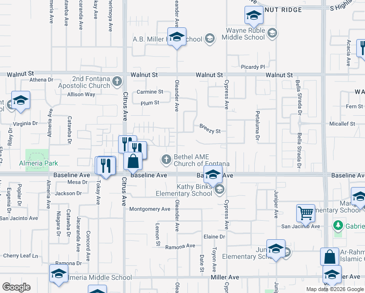 map of restaurants, bars, coffee shops, grocery stores, and more near 7187 Oleander Avenue in Fontana