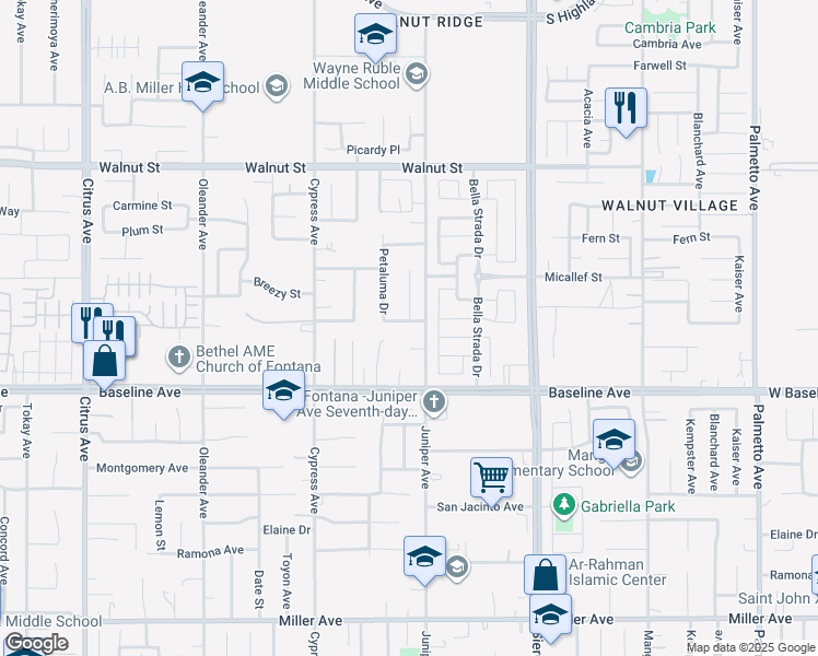 map of restaurants, bars, coffee shops, grocery stores, and more near 16671 San Simeon Way in Fontana