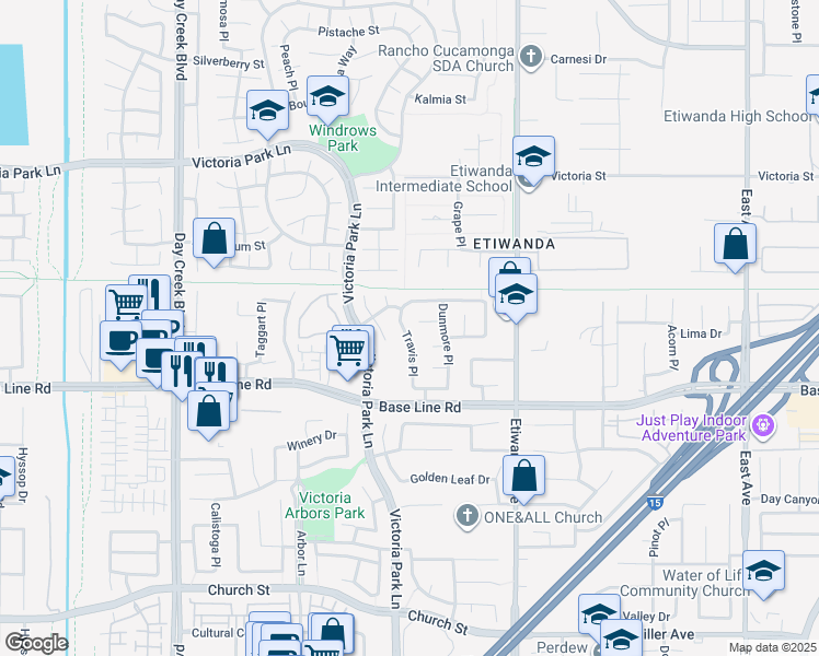 map of restaurants, bars, coffee shops, grocery stores, and more near 7167 Travis Place in Rancho Cucamonga
