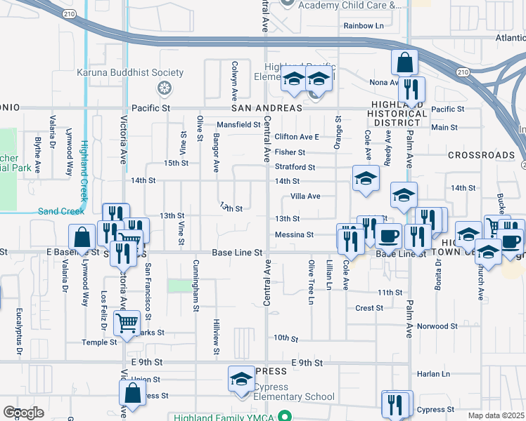 map of restaurants, bars, coffee shops, grocery stores, and more near 7184 Central Avenue in Highland