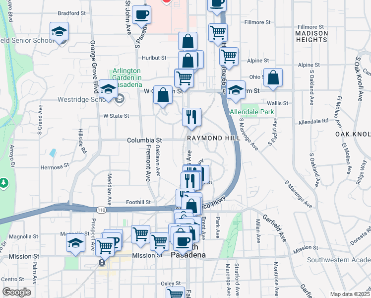 map of restaurants, bars, coffee shops, grocery stores, and more near 209 Fair Oaks Avenue in South Pasadena