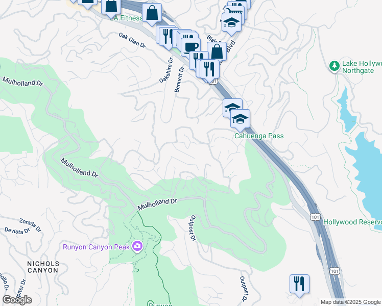 map of restaurants, bars, coffee shops, grocery stores, and more near 3028 Valevista Trail in Los Angeles