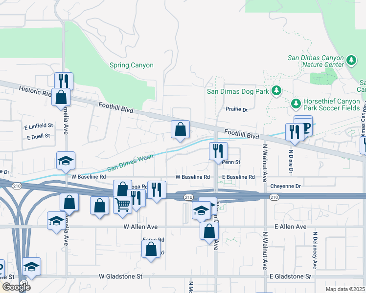 map of restaurants, bars, coffee shops, grocery stores, and more near 247 West Woodland Oaks Drive in San Dimas