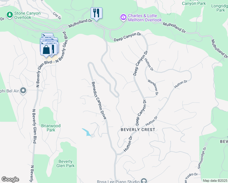 map of restaurants, bars, coffee shops, grocery stores, and more near 2901 Benedict Canyon Drive in Beverly Hills