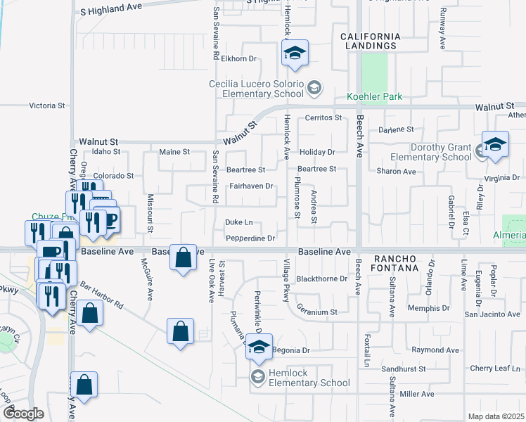 map of restaurants, bars, coffee shops, grocery stores, and more near 15031 Westgate Drive in Fontana