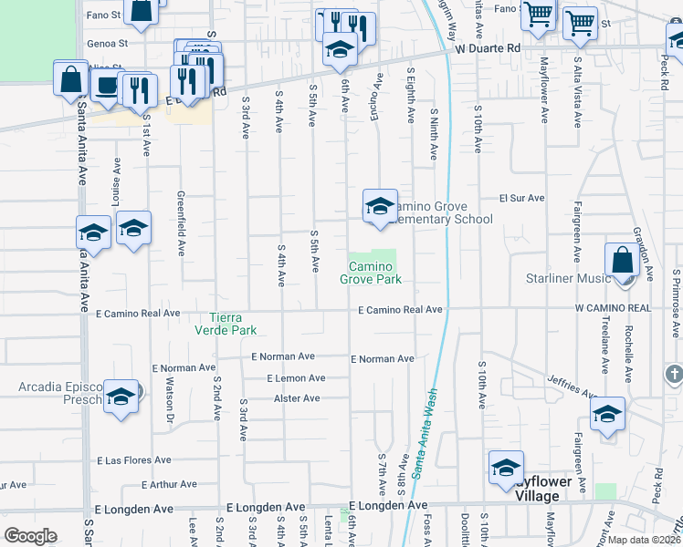map of restaurants, bars, coffee shops, grocery stores, and more near 1431 6th Avenue in Arcadia