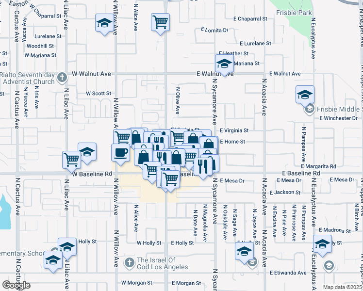 map of restaurants, bars, coffee shops, grocery stores, and more near 155 East Home Street in Rialto