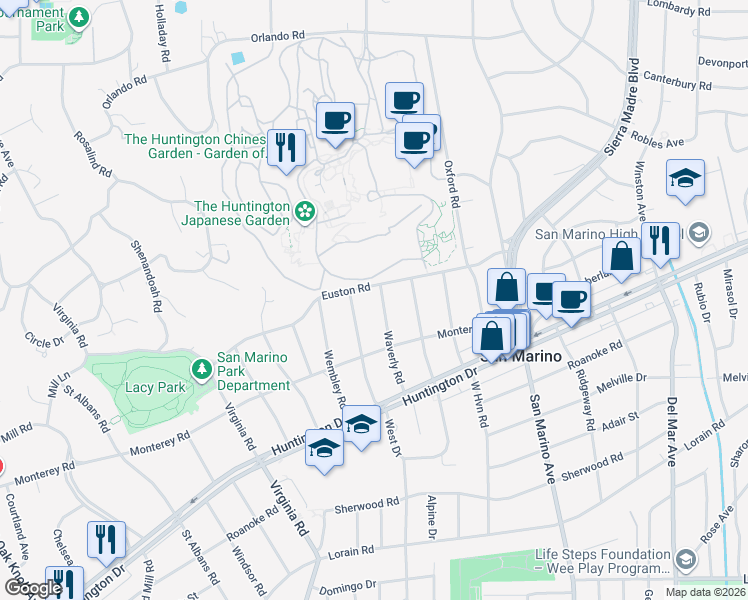 map of restaurants, bars, coffee shops, grocery stores, and more near 1323 Waverly Road in San Marino