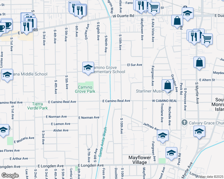 map of restaurants, bars, coffee shops, grocery stores, and more near 1427 Linda Way in Arcadia
