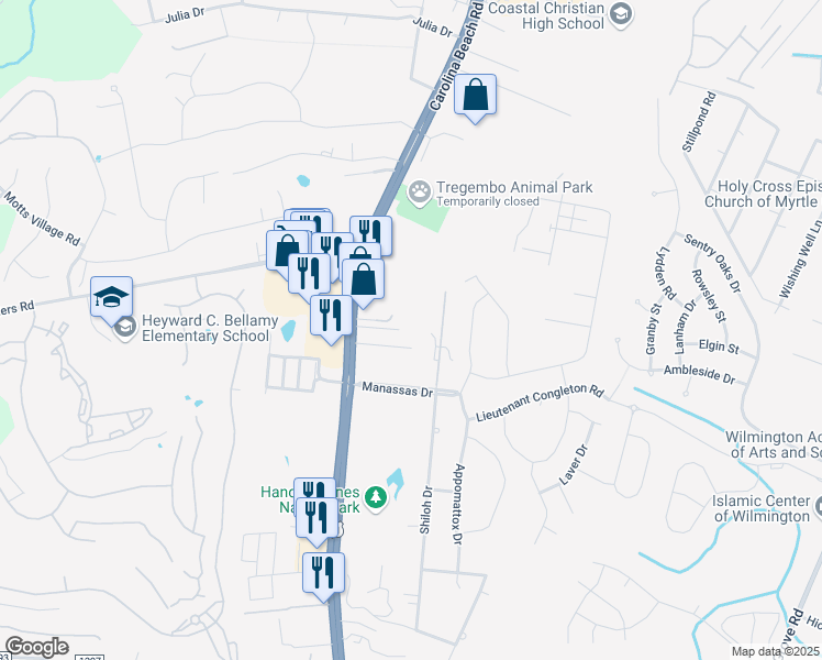 map of restaurants, bars, coffee shops, grocery stores, and more near 5951 Carolina Beach Road in Wilmington