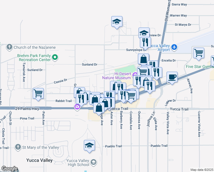 map of restaurants, bars, coffee shops, grocery stores, and more near 7138 Sage Avenue in Yucca Valley