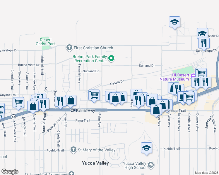 map of restaurants, bars, coffee shops, grocery stores, and more near 56561 Cassia Drive in Yucca Valley